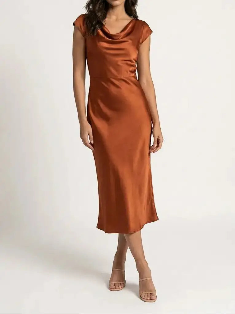 Vivienne — Minimalist Midi Slip Dress For Elegant Fluid Cocktail Evenings Light Brown