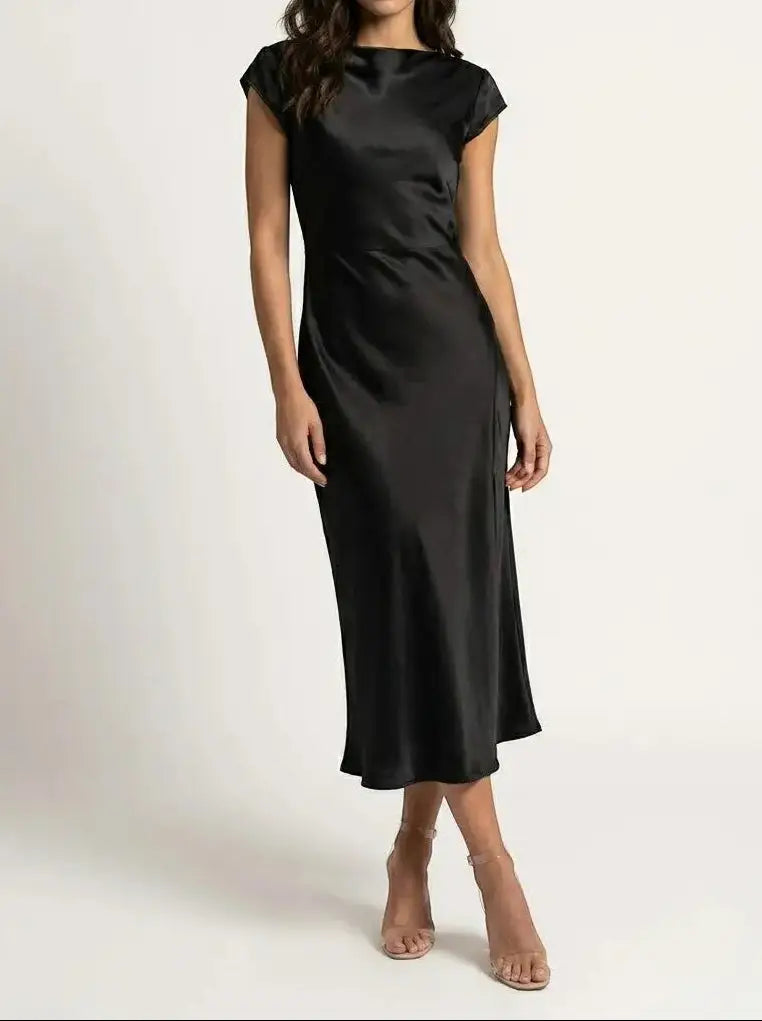 Vivienne — Minimalist Midi Slip Dress For Elegant Fluid Cocktail Evenings Black