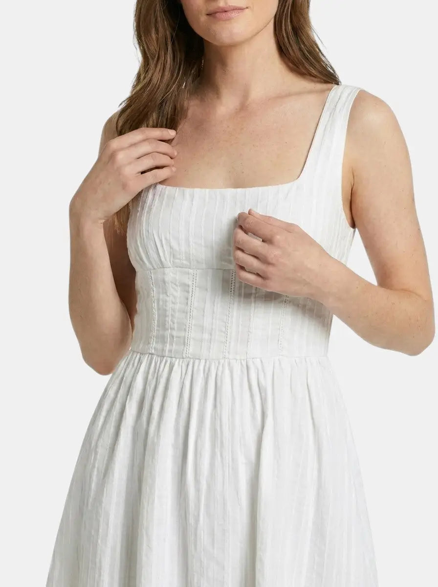 Ivory — Organic Cotton White Mini Summer Dress With Elegant Square Neck And Ruffles