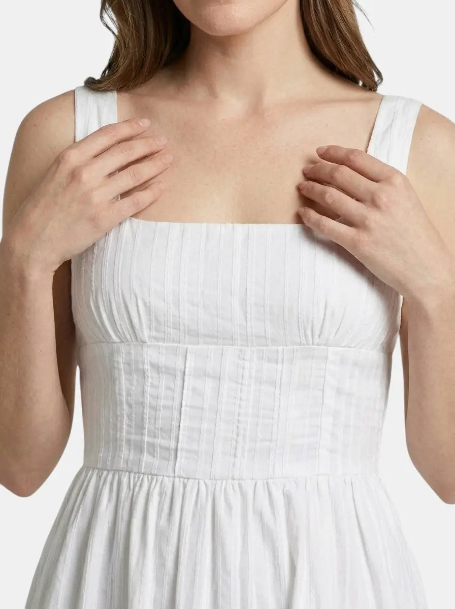 Ivory — Organic Cotton White Mini Summer Dress With Elegant Square Neck And Ruffles