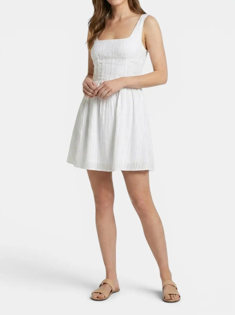 Ivory — Organic Cotton White Mini Summer Dress With Elegant Square Neck And Ruffles White