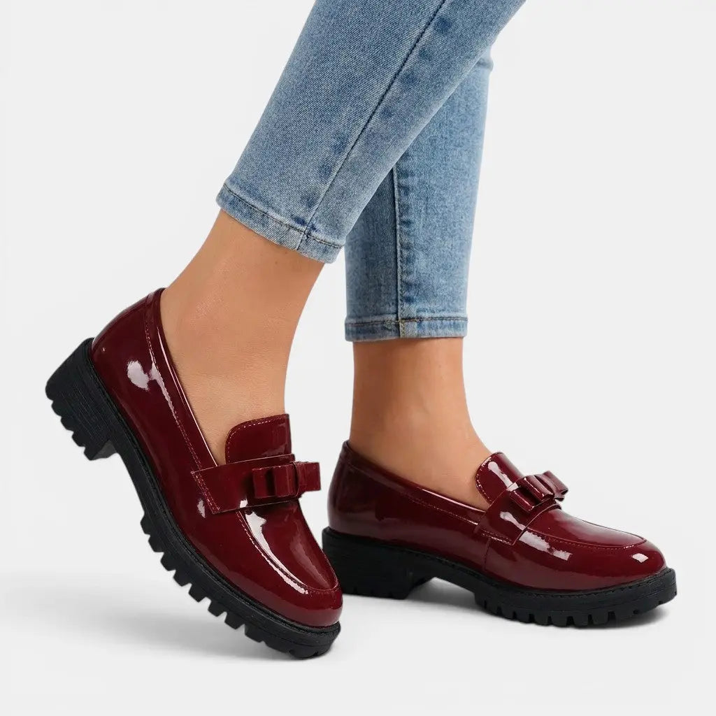 Bowchic — Patent Leather Chunky Loafers With Elegant Slip-On Bow Detail Design Dark Red