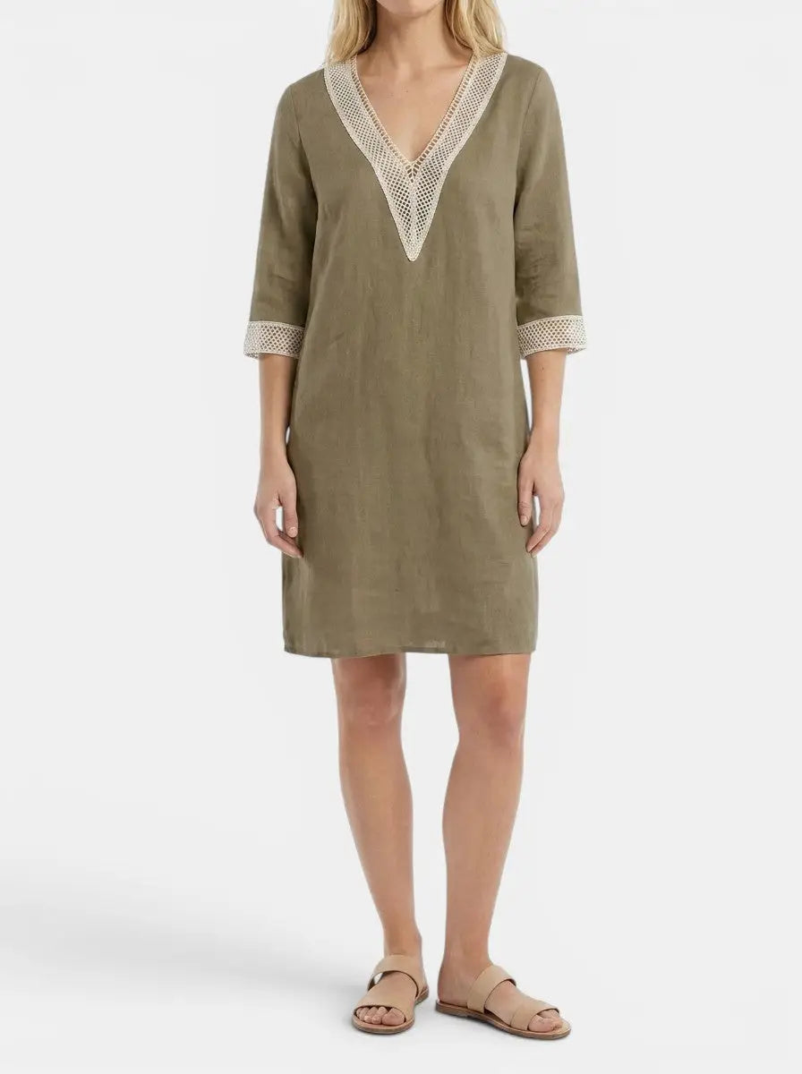 Wilma — Plain Woven Knee-Length Dress With Elegant Round Neck Short Sleeve Design Khaki