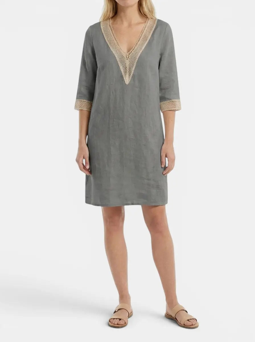 Wilma — Plain Woven Knee-Length Dress With Elegant Round Neck Short Sleeve Design Gray