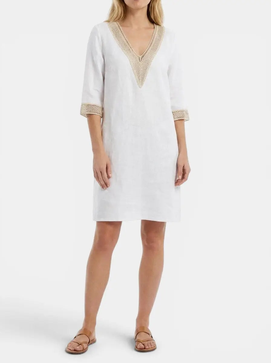 Wilma — Plain Woven Knee-Length Dress With Elegant Round Neck Short Sleeve Design White