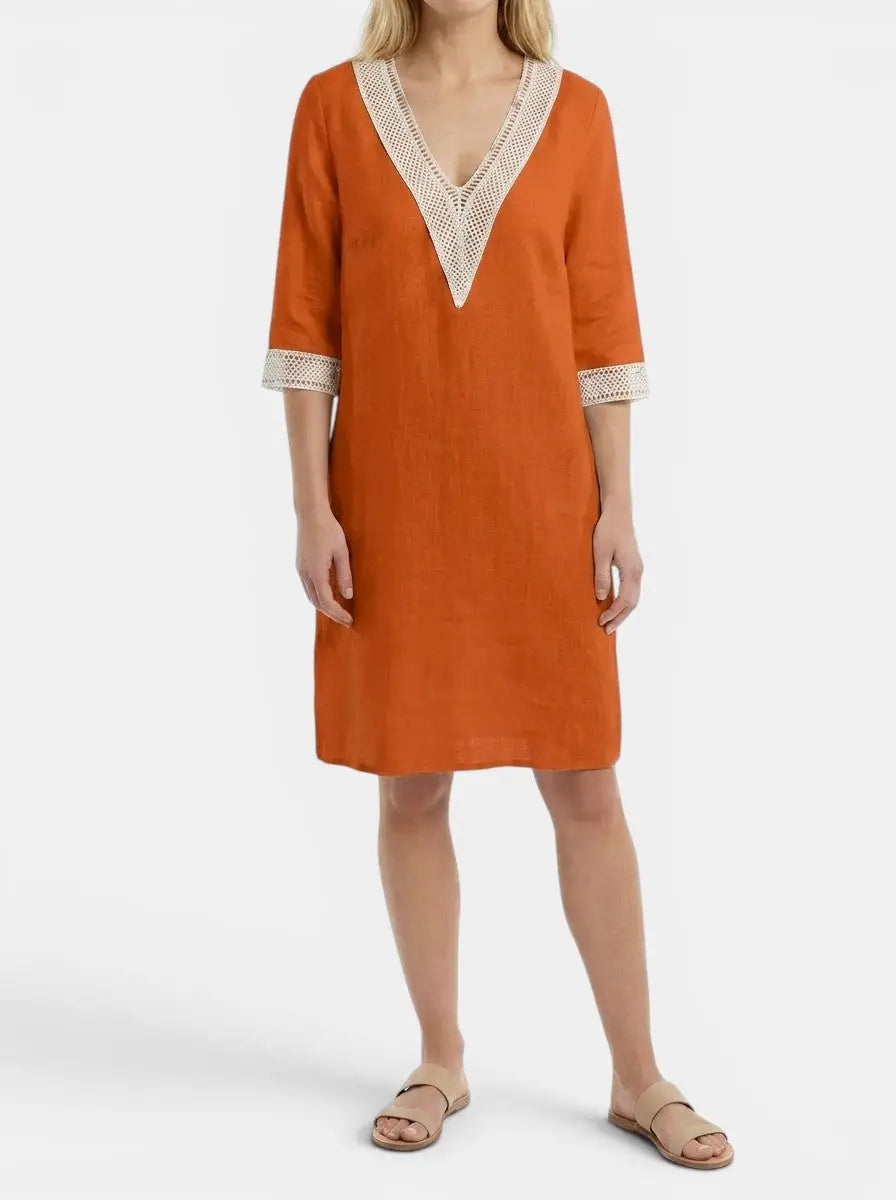 Wilma — Plain Woven Knee-Length Dress With Elegant Round Neck Short Sleeve Design Orange