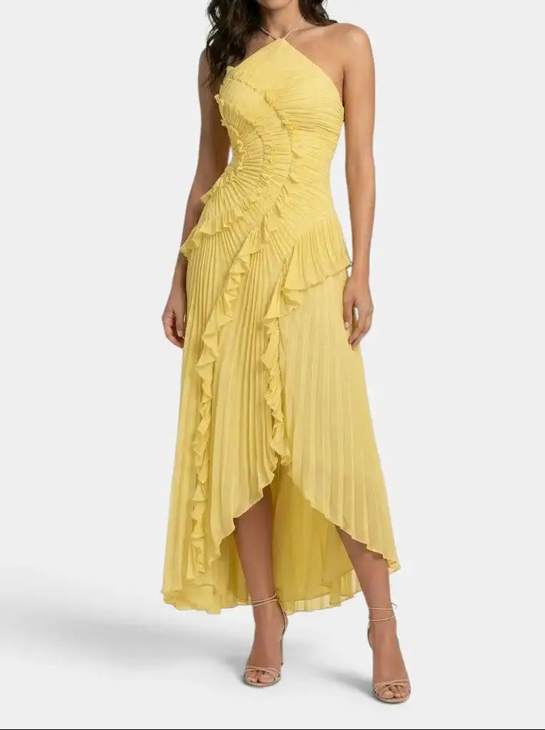 Florabel — Pleated Maxi Dress With Elegant Ruffled Halter Summer Design Yellow