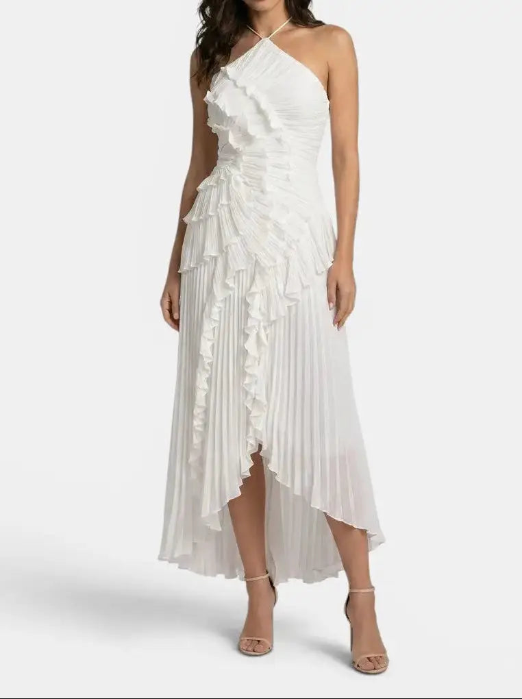 Florabel — Pleated Maxi Dress With Elegant Ruffled Halter Summer Design White
