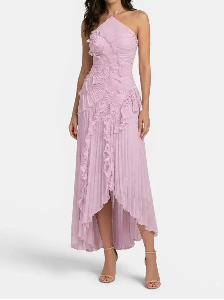 Florabel — Pleated Maxi Dress With Elegant Ruffled Halter Summer Design Purple