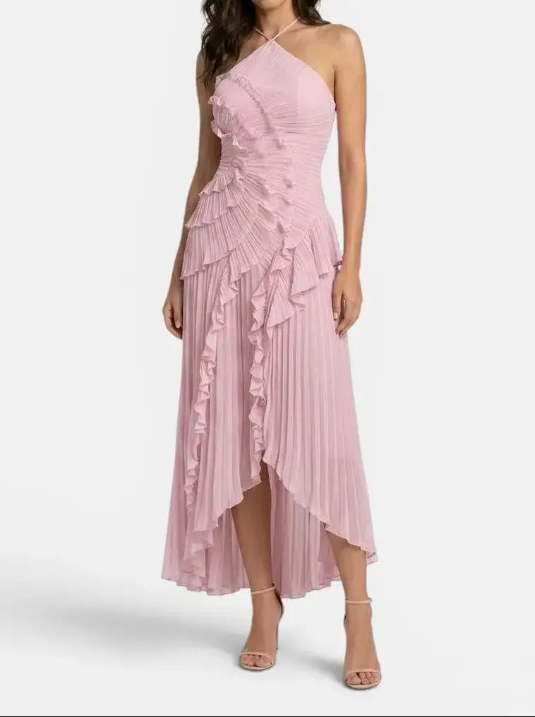 Florabel — Pleated Maxi Dress With Elegant Ruffled Halter Summer Design Pink