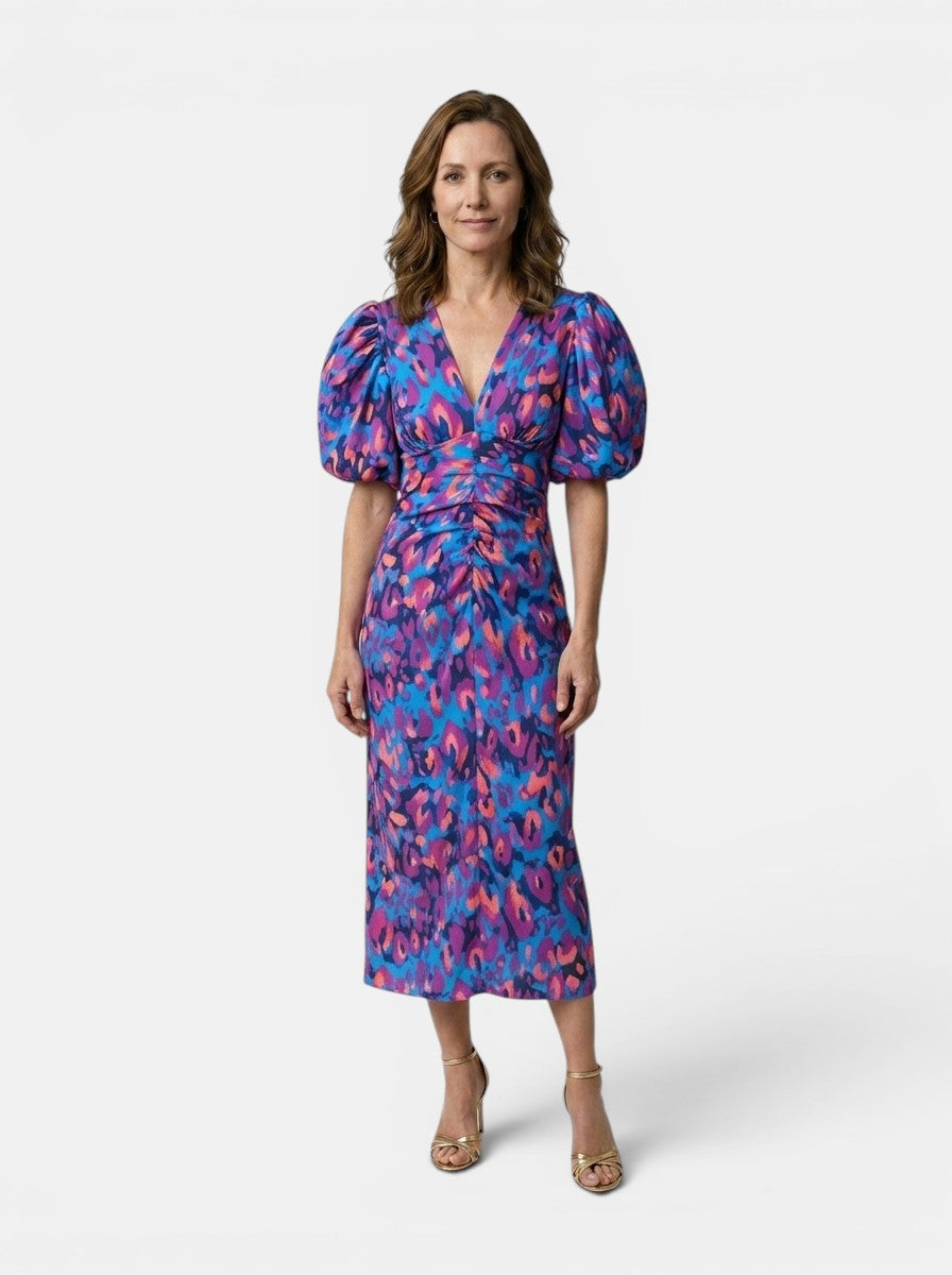 Marisela — Printed Midi Dress With Elegant Puff Sleeve Summer Design Purple