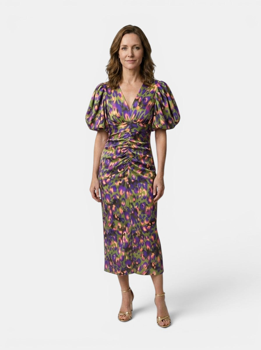 Marisela — Printed Midi Dress With Elegant Puff Sleeve Summer Design Green