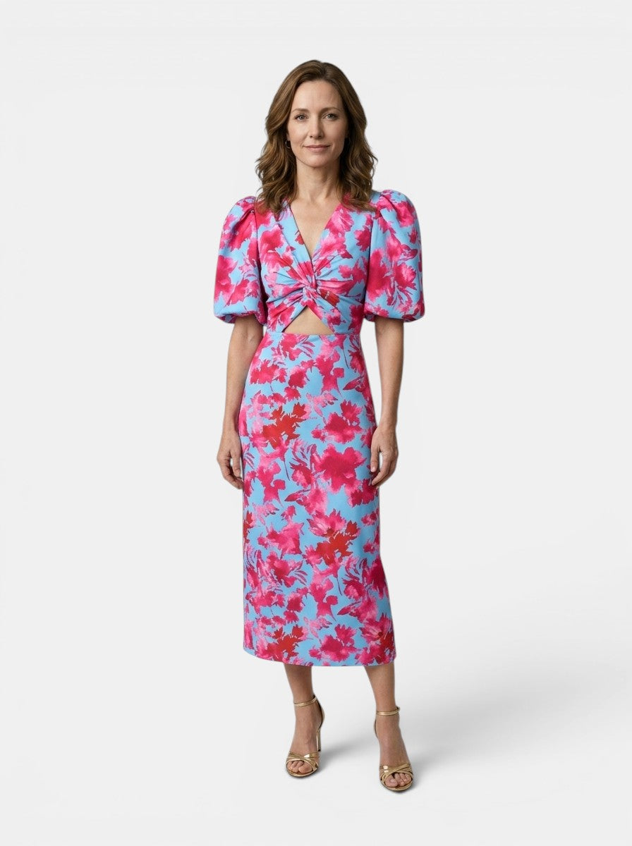Marisela — Printed Midi Dress With Elegant Puff Sleeve Summer Design Pink