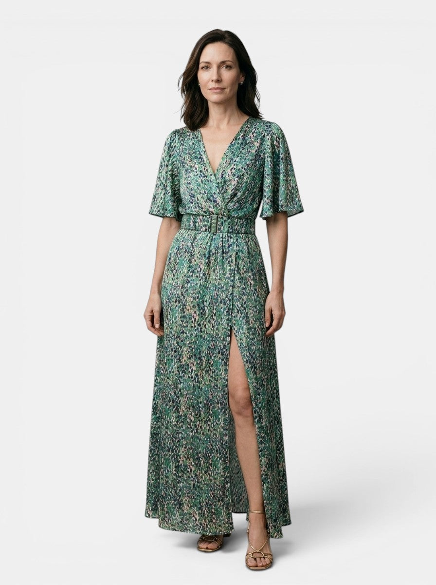 Penelope — Rayon Maxi Dress With Elegant V-Neck And Split Hem Design Green