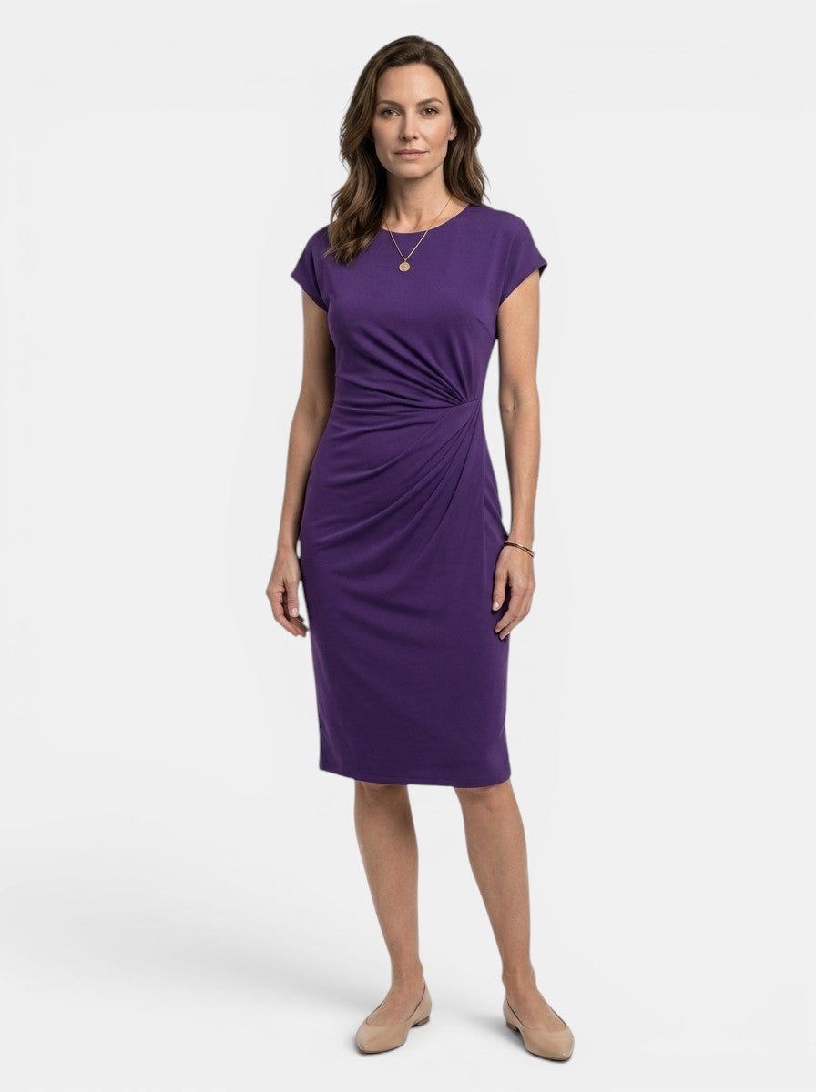 Lavinia — Rich Fabric Bodycon Midi Dress With Elegant Sculpted Wrap For Formal Occasions Purple
