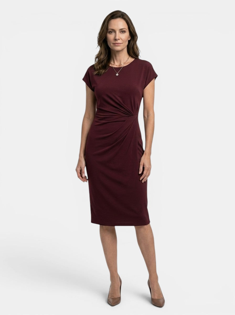 Lavinia — Rich Fabric Bodycon Midi Dress With Elegant Sculpted Wrap For Formal Occasions Brown