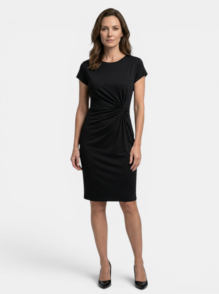 Lavinia — Rich Fabric Bodycon Midi Dress With Elegant Sculpted Wrap For Formal Occasions Black