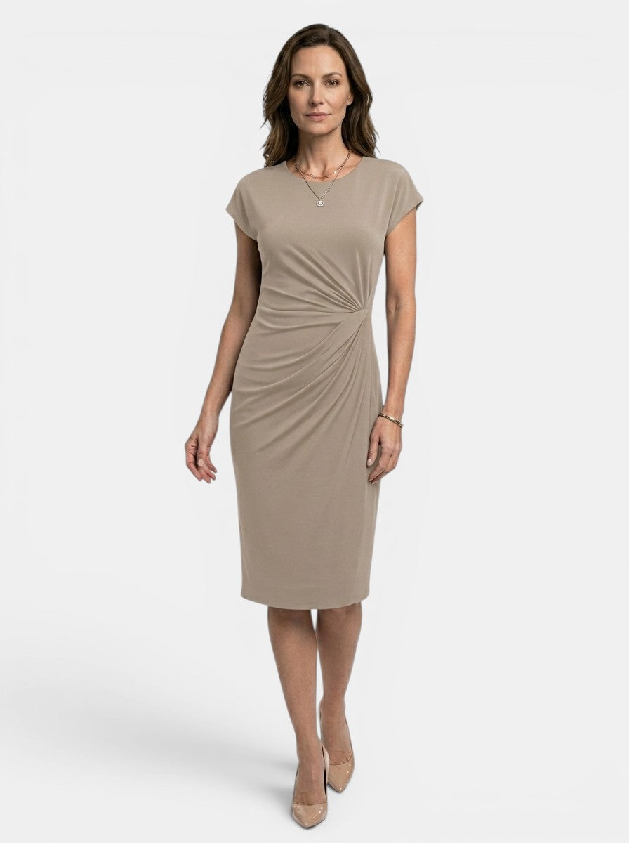 Lavinia — Rich Fabric Bodycon Midi Dress With Elegant Sculpted Wrap For Formal Occasions Beige
