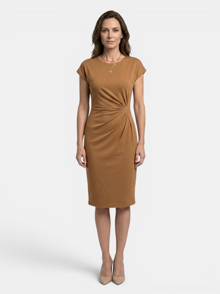 Lavinia — Rich Fabric Bodycon Midi Dress With Elegant Sculpted Wrap For Formal Occasions Khaki
