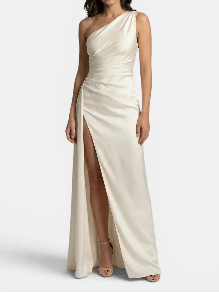 Seraphina — Satin Asymmetric Evening Maxi Dress For Elegant One-Shoulder Glamour White