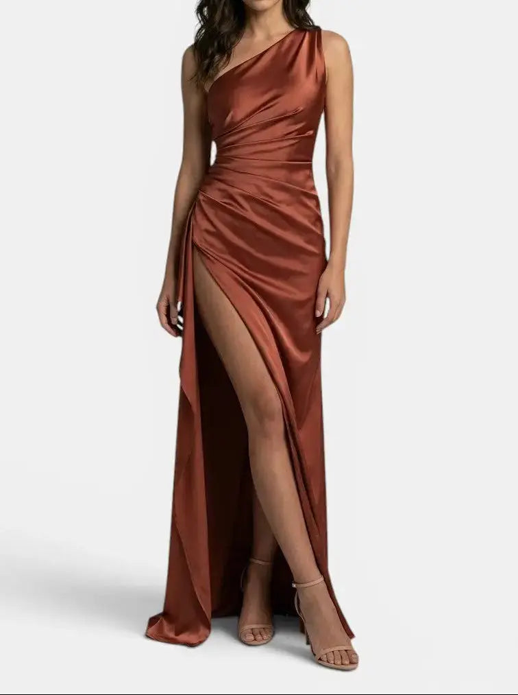 Seraphina — Satin Asymmetric Evening Maxi Dress For Elegant One-Shoulder Glamour Rust Brown