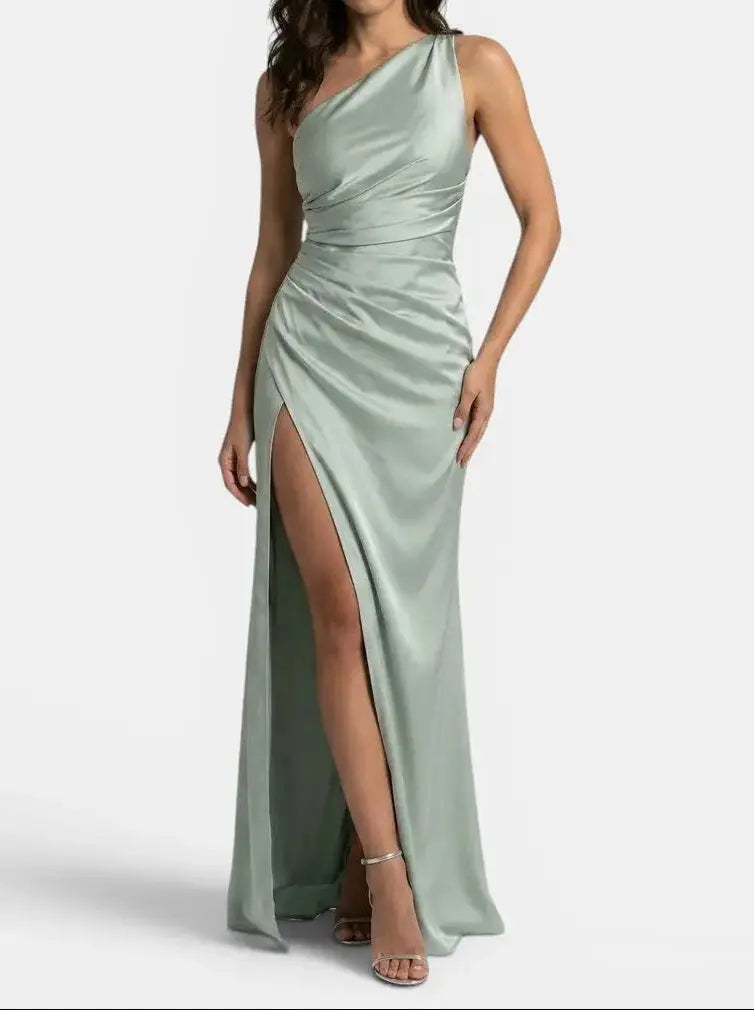 Seraphina — Satin Asymmetric Evening Maxi Dress For Elegant One-Shoulder Glamour Mint Green