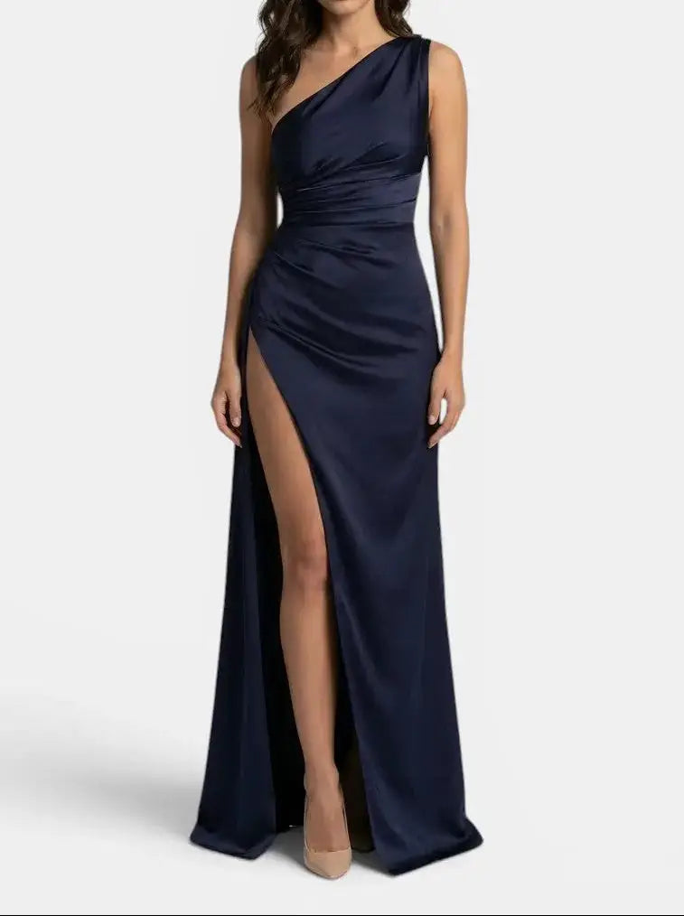 Seraphina — Satin Asymmetric Evening Maxi Dress For Elegant One-Shoulder Glamour Blue