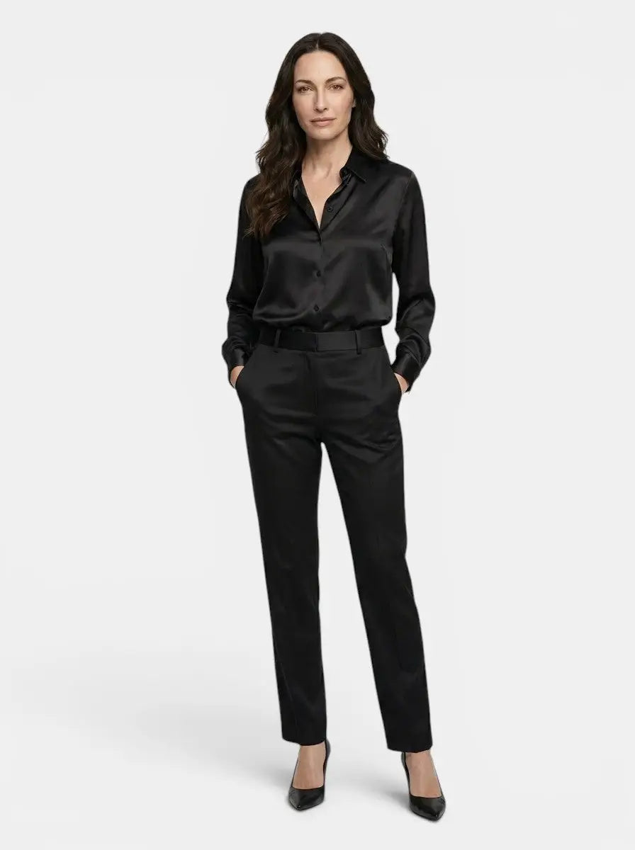 Marchetta — Satin Blend Long Sleeve Blouse With Elegant Relaxed All-Season Style Black
