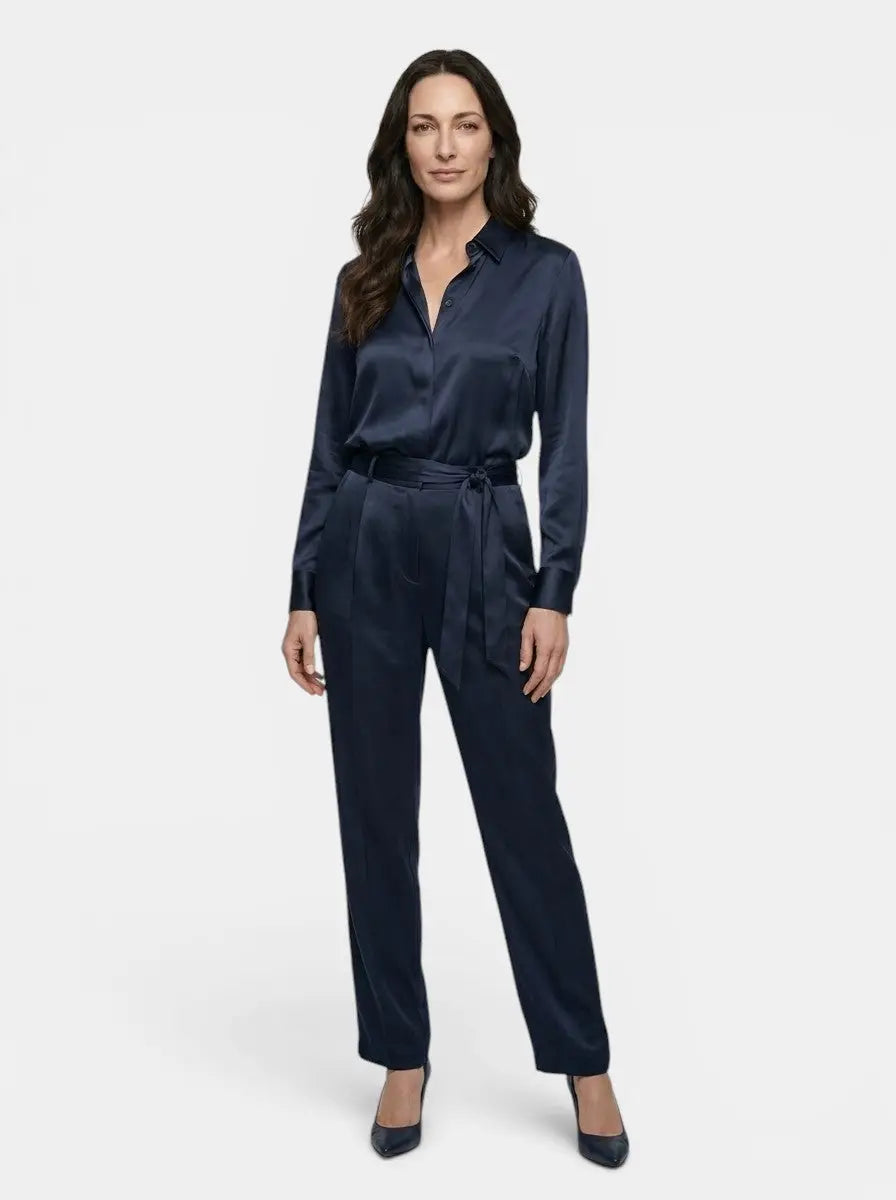 Marchetta — Satin Blend Long Sleeve Blouse With Elegant Relaxed All-Season Style Navy Blue