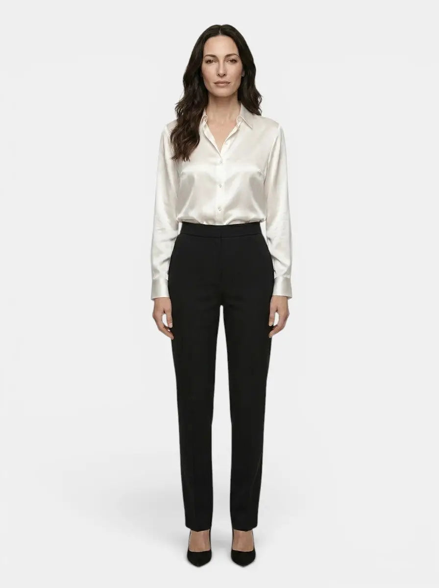 Marchetta — Satin Blend Long Sleeve Blouse With Elegant Relaxed All-Season Style White