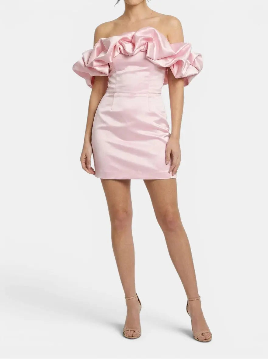 Esme — Satin Off-Shoulder Mini Dress With Elegant Ruffled Cocktail Wear For Summer Pink