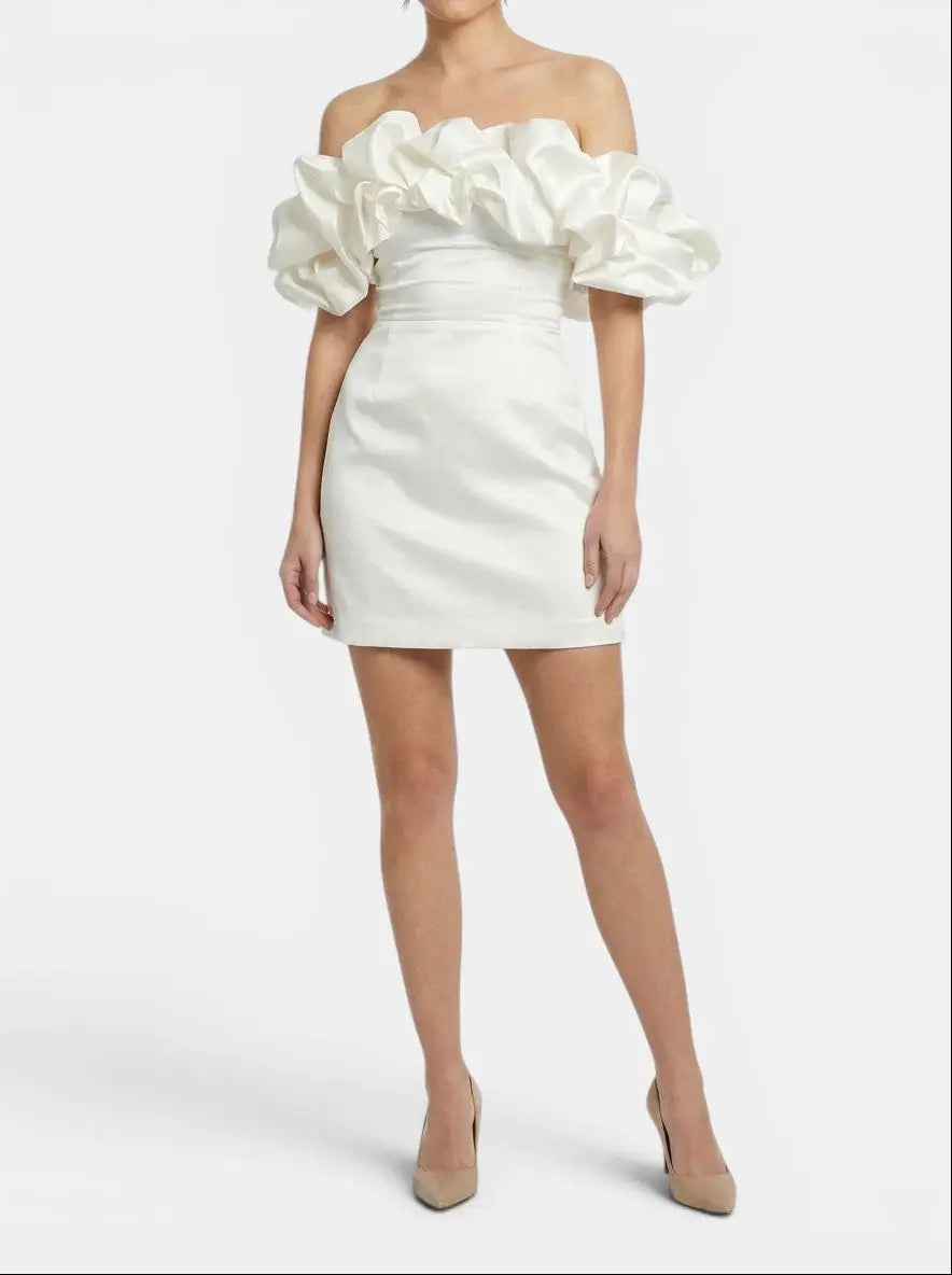 Esme — Satin Off-Shoulder Mini Dress With Elegant Ruffled Cocktail Wear For Summer White