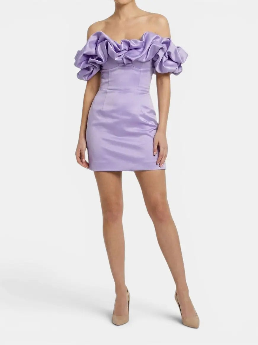 Esme — Satin Off-Shoulder Mini Dress With Elegant Ruffled Cocktail Wear For Summer Purple