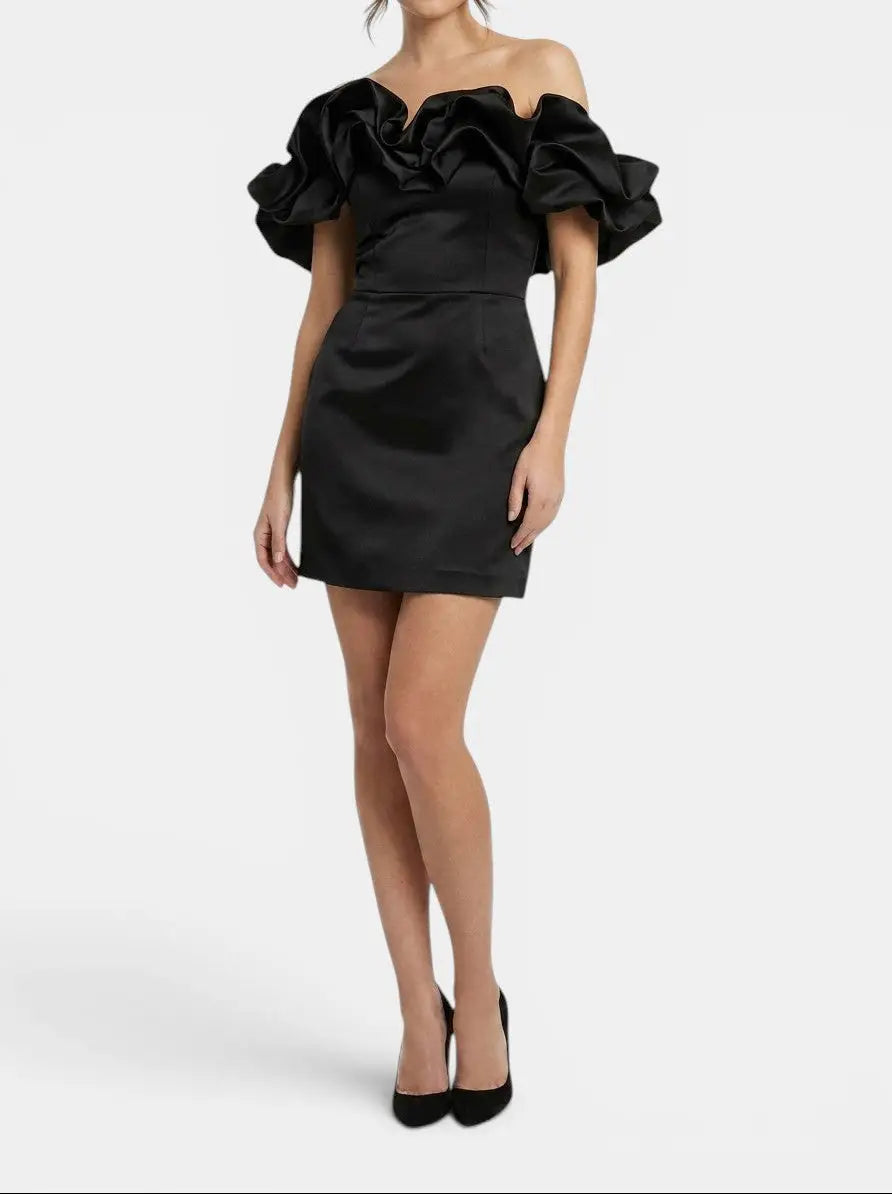 Esme — Satin Off-Shoulder Mini Dress With Elegant Ruffled Cocktail Wear For Summer Black