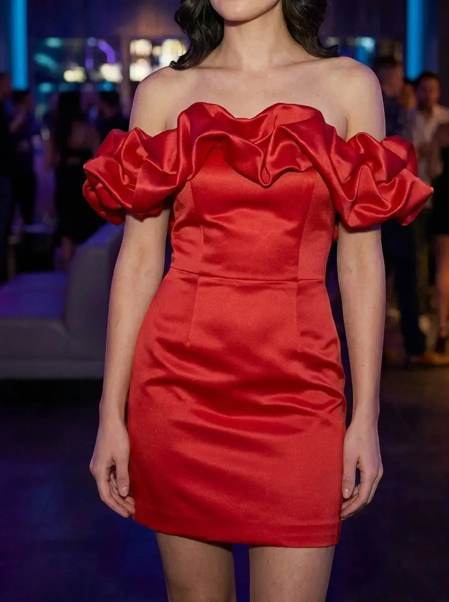 Esme — Satin Off-Shoulder Mini Dress With Elegant Ruffled Cocktail Wear For Summer