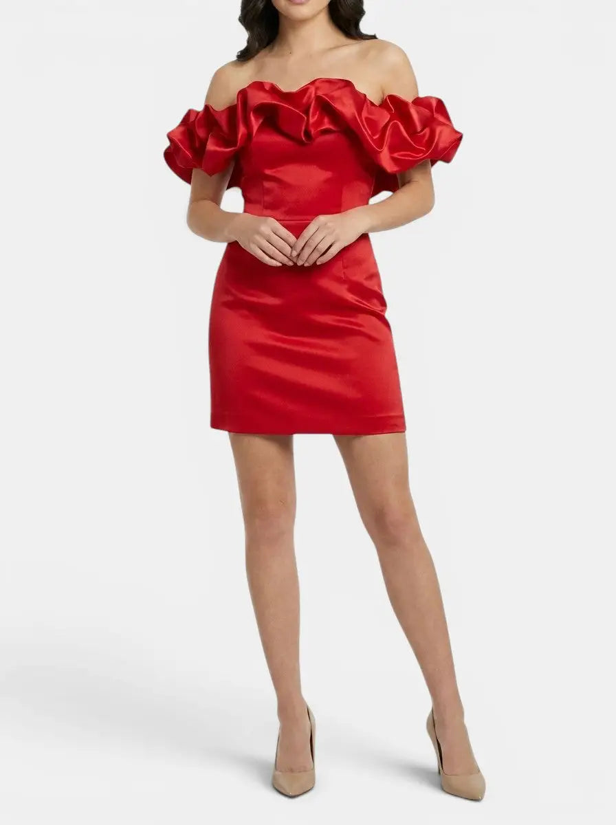 Esme — Satin Off-Shoulder Mini Dress With Elegant Ruffled Cocktail Wear For Summer Red