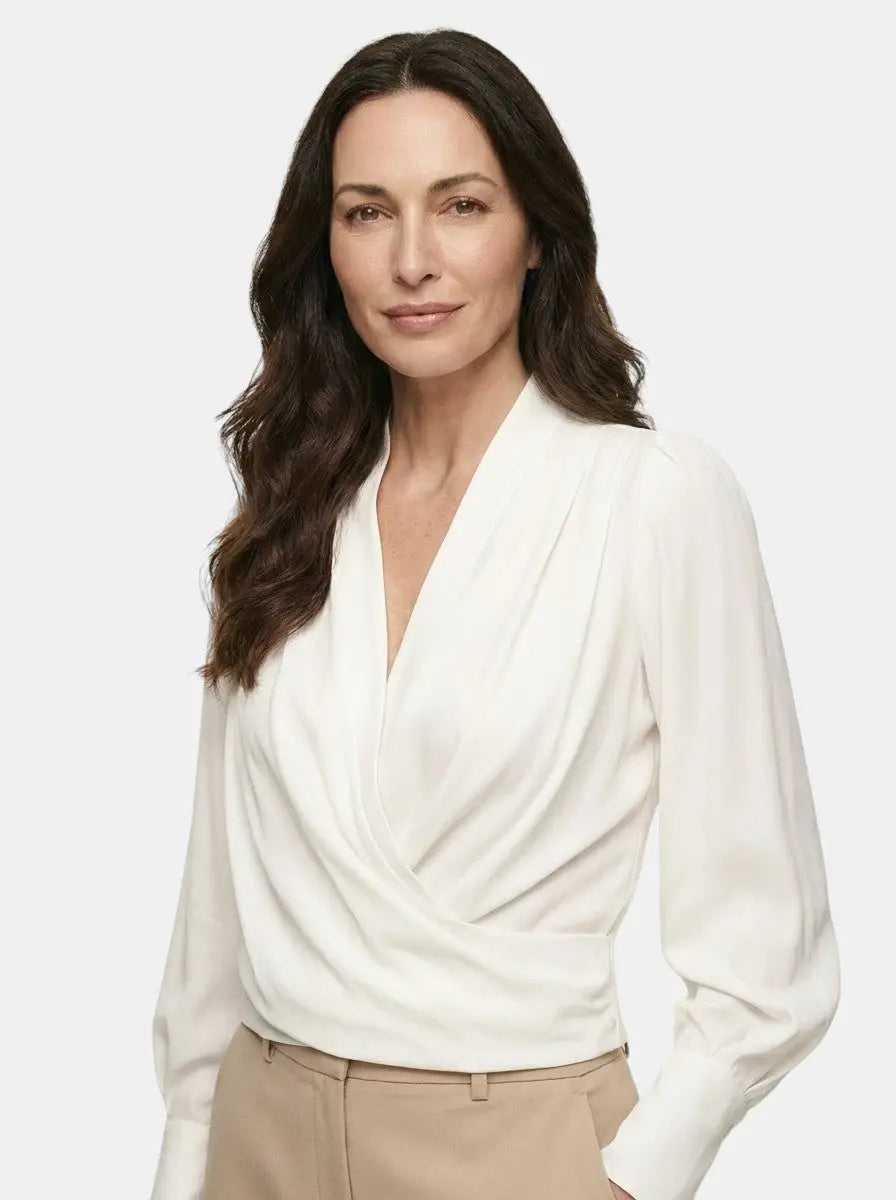 Seraphine — Satin Puff Sleeve Blouse With Elegant V-Neck For All Seasons White