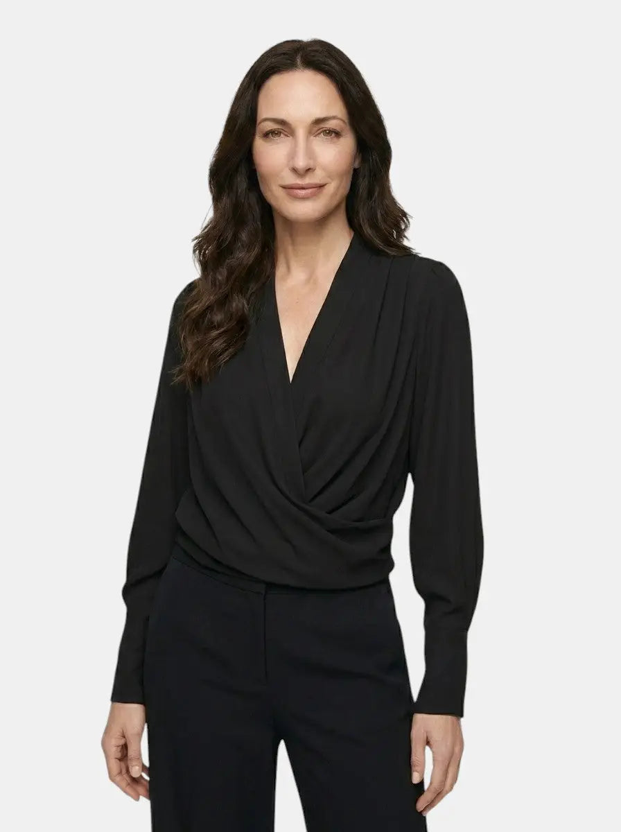 Seraphine — Satin Puff Sleeve Blouse With Elegant V-Neck For All Seasons Black