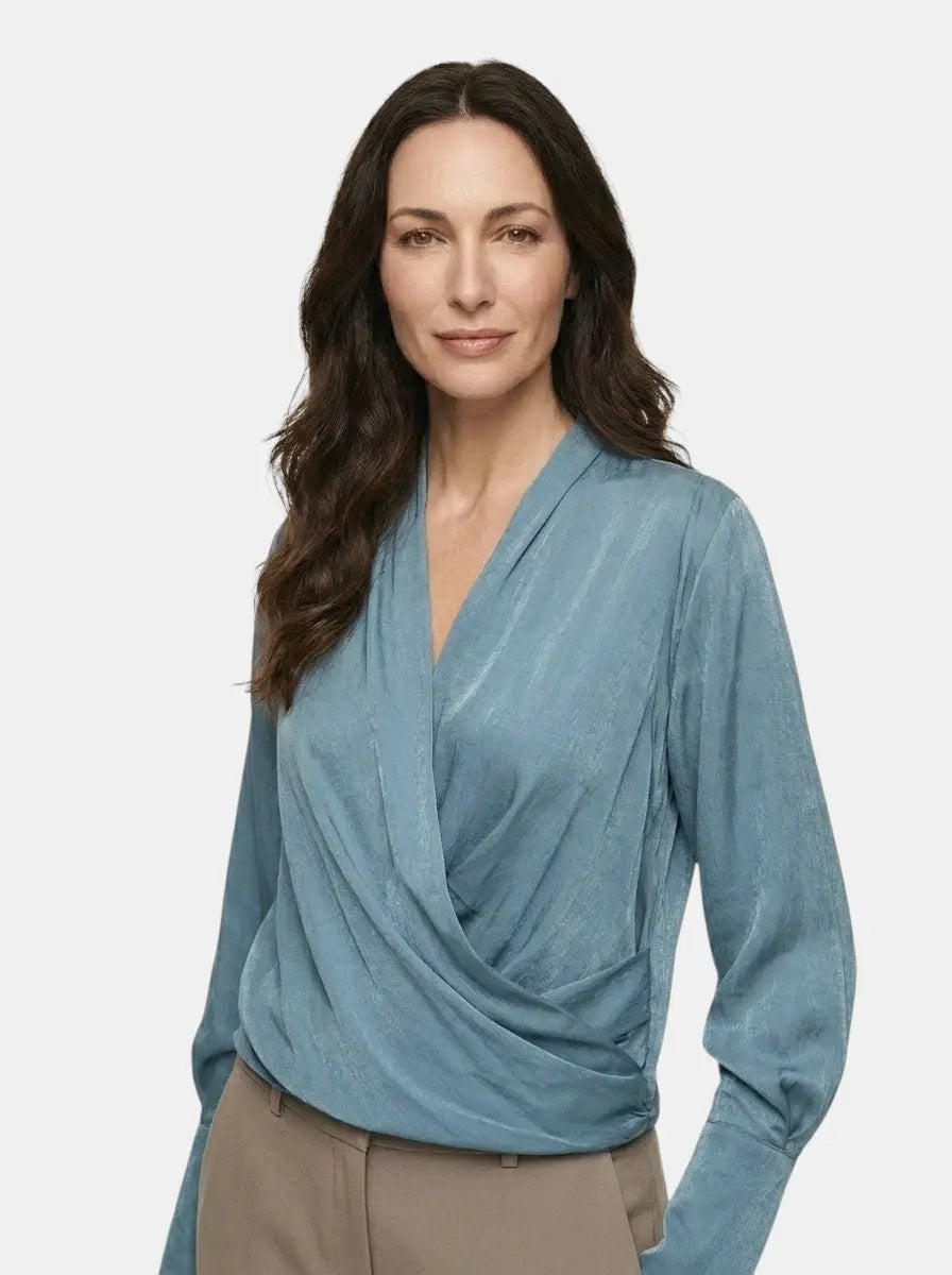 Seraphine — Satin Puff Sleeve Blouse With Elegant V-Neck For All Seasons Blue