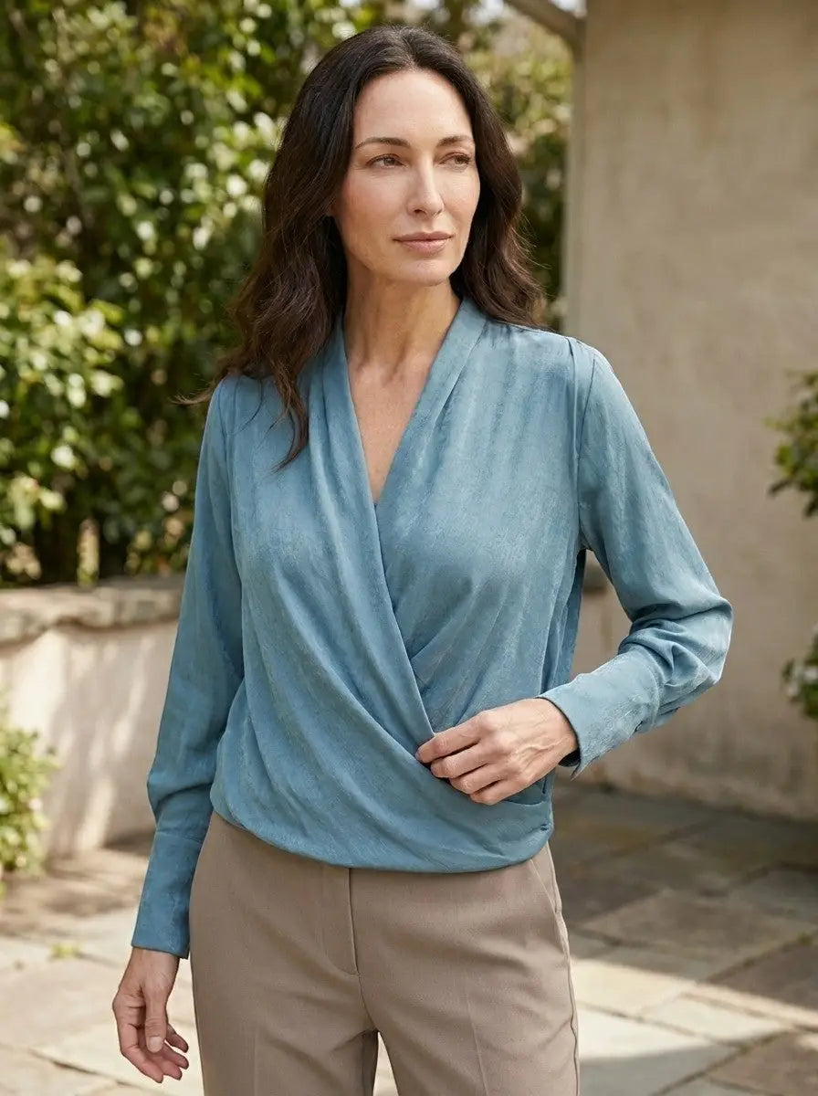 Seraphine — Satin Puff Sleeve Blouse With Elegant V-Neck For All Seasons