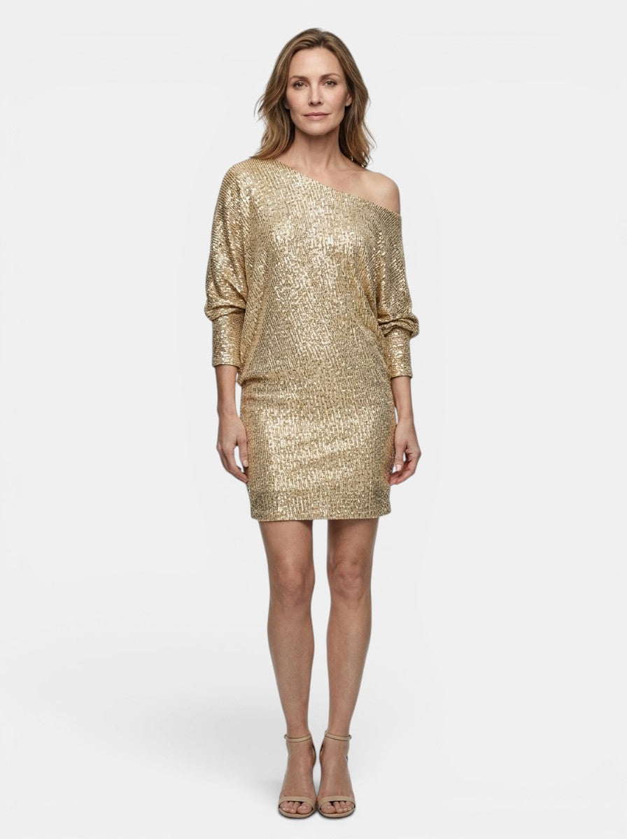 Genevieve — Shimmering Sequined Mini Dress With Relaxed Fit And Long Sleeves Gold