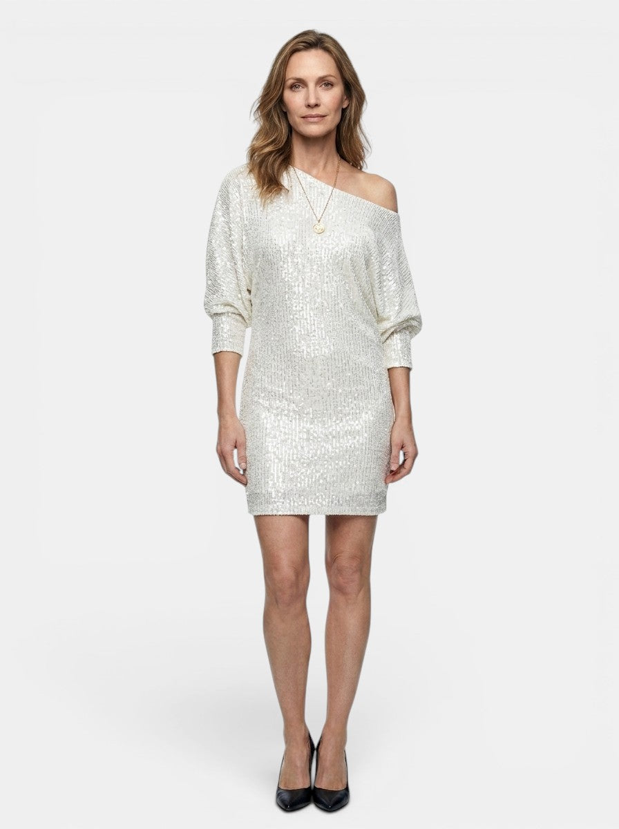 Genevieve — Shimmering Sequined Mini Dress With Relaxed Fit And Long Sleeves White