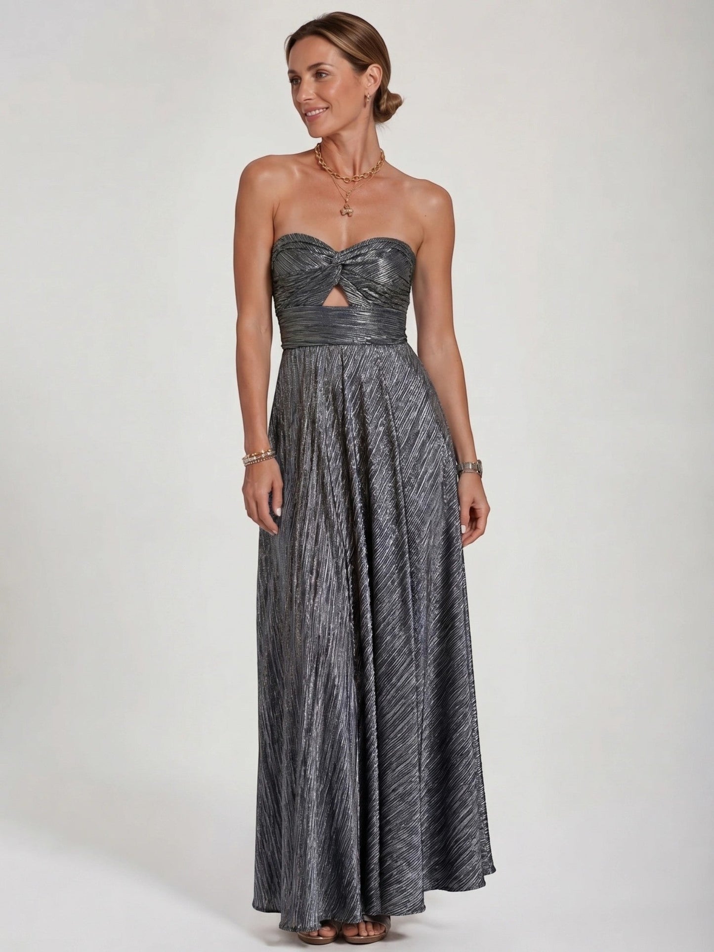 Anastasia — Shiny Fabric Maxi Dress With Elegant Strapless Pleated Evening Design Black