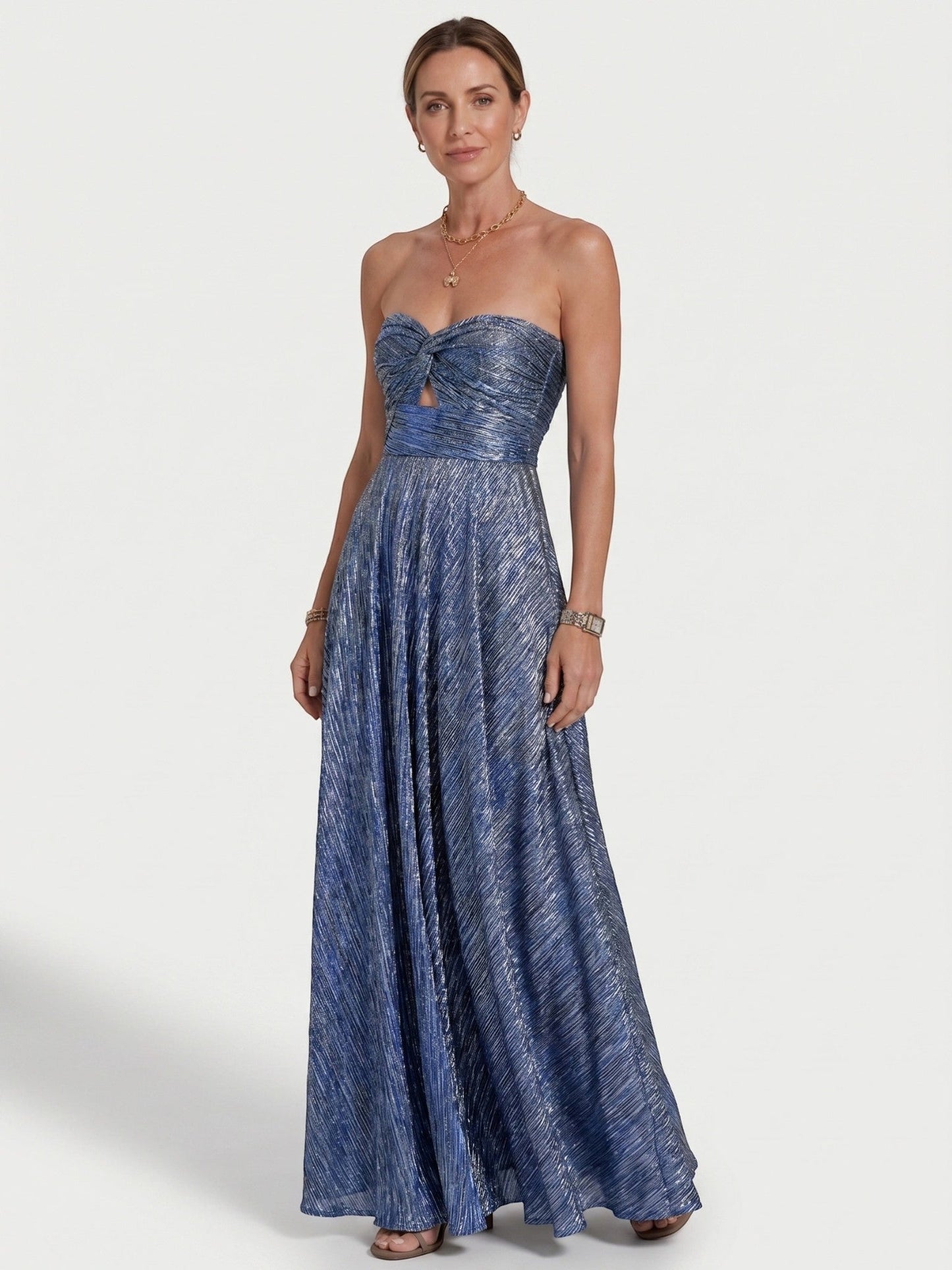 Anastasia — Shiny Fabric Maxi Dress With Elegant Strapless Pleated Evening Design Blue
