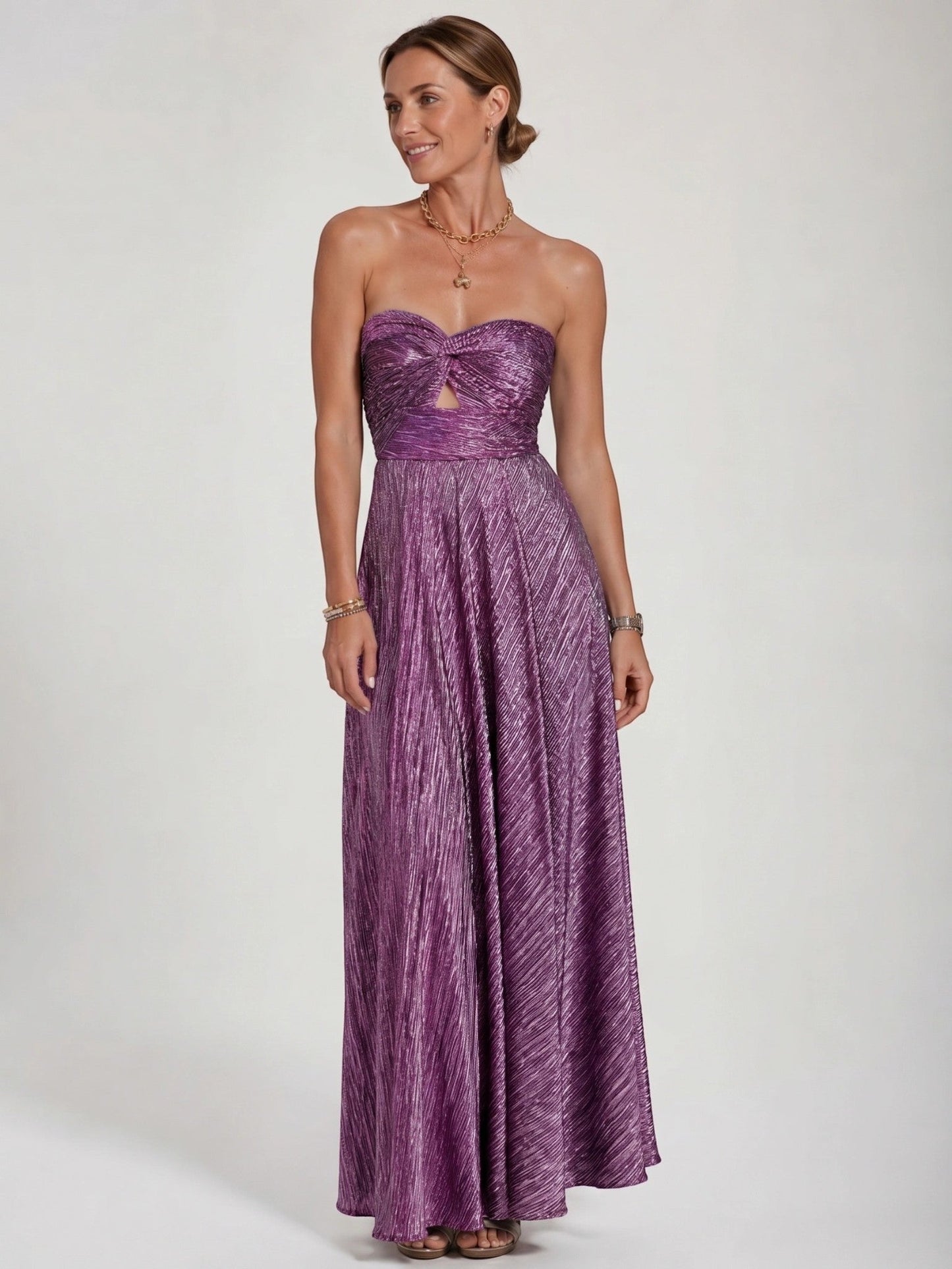 Anastasia — Shiny Fabric Maxi Dress With Elegant Strapless Pleated Evening Design Sparkling wine