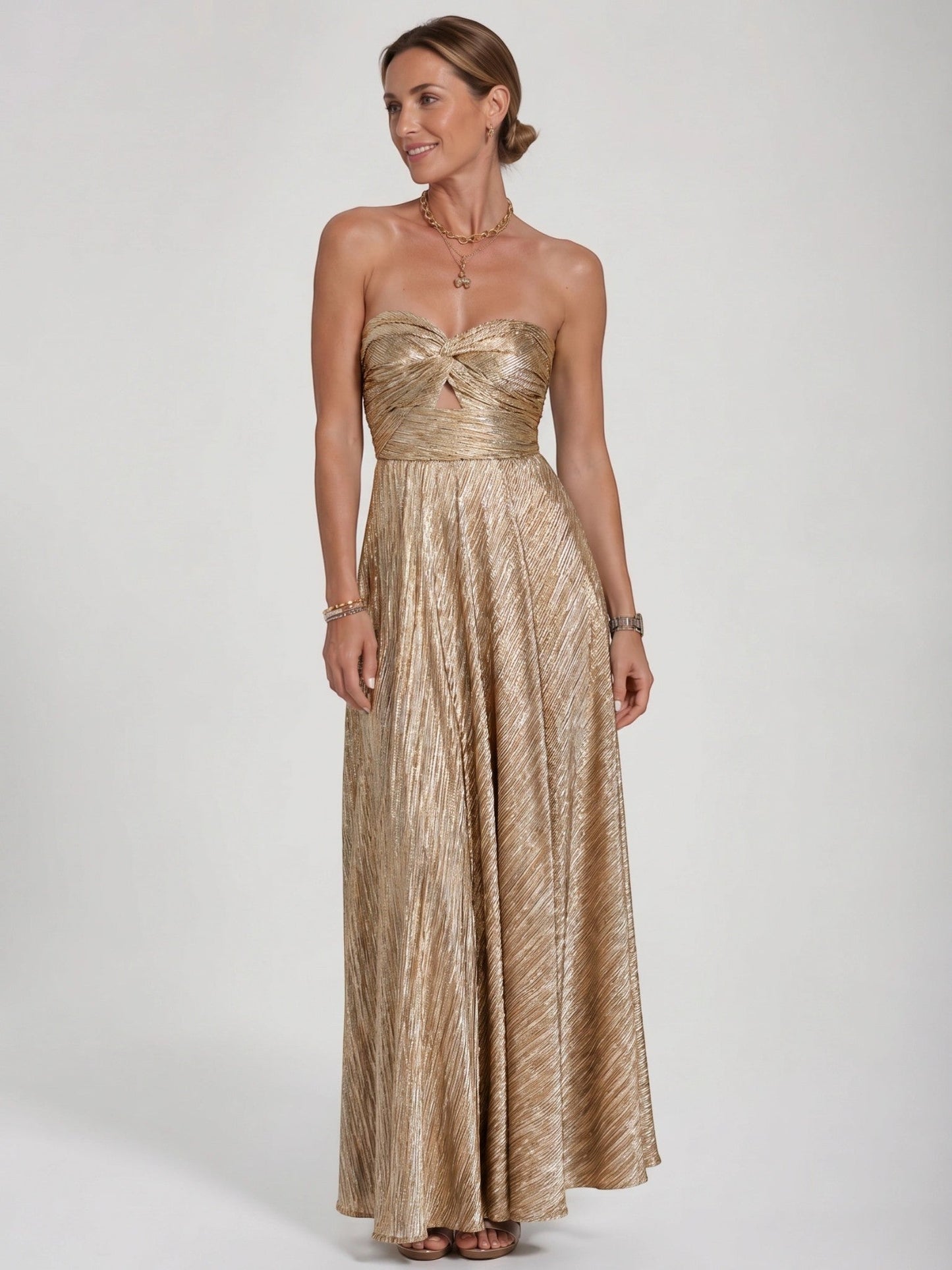 Anastasia — Shiny Fabric Maxi Dress With Elegant Strapless Pleated Evening Design Gold