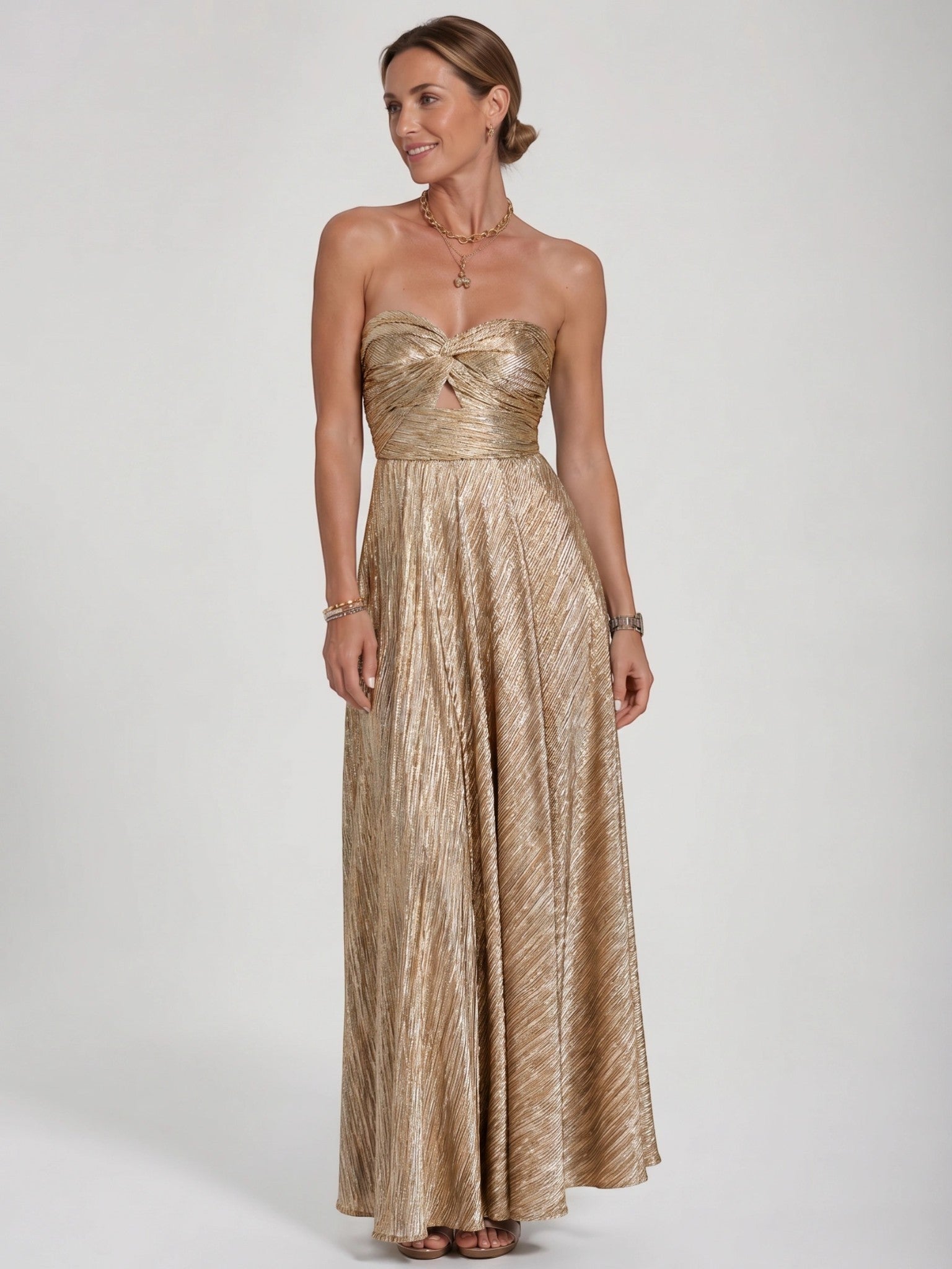 Anastasia — Shiny Fabric Maxi Dress With Elegant Strapless Pleated Evening Design Gold