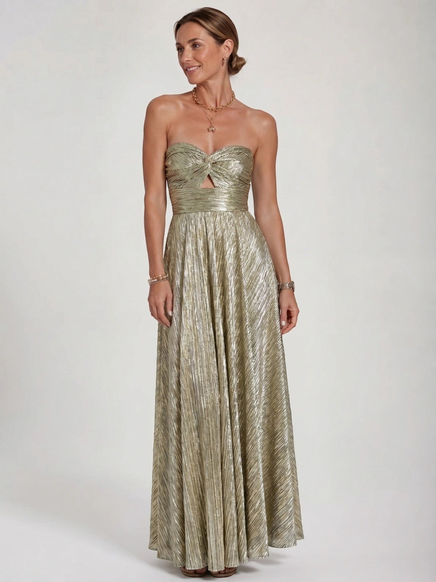 Anastasia — Shiny Fabric Maxi Dress With Elegant Strapless Pleated Evening Design Silver