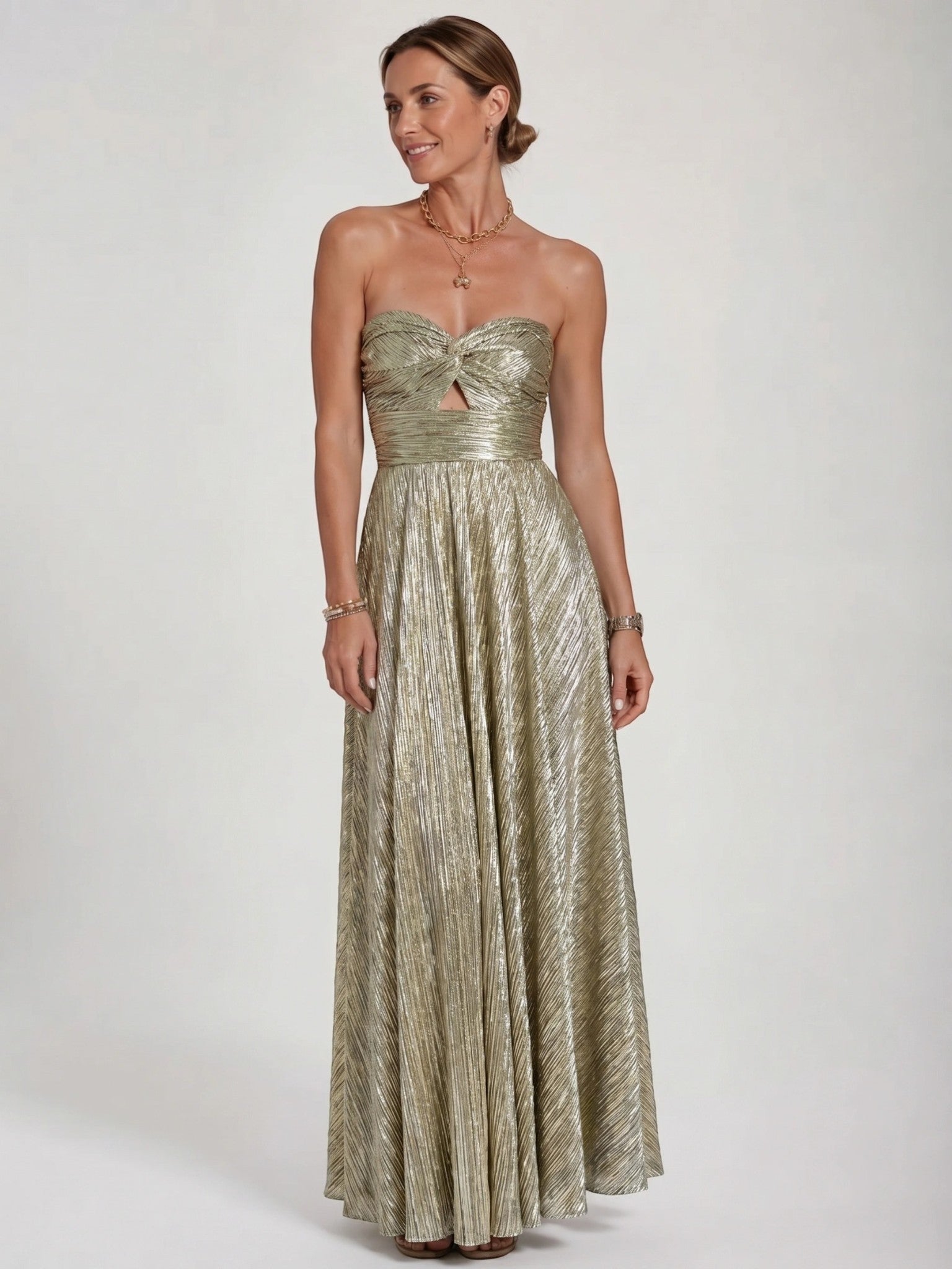 Anastasia — Shiny Fabric Maxi Dress With Elegant Strapless Pleated Evening Design Silver