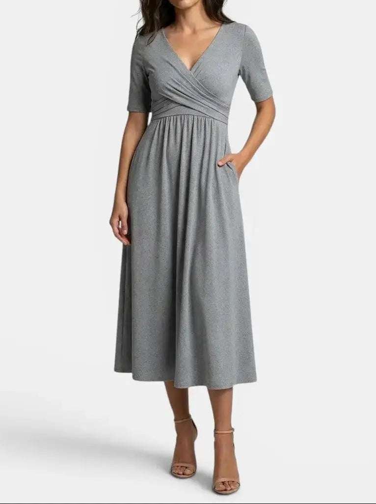 Margot — Smooth Midi Dress With Flattering Wrap Style And Practical Pockets Gray